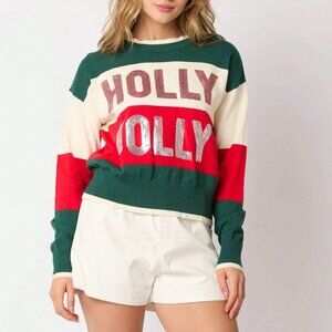 Green Casual Women's Christmas Knit Sweater Long Sleeve Crewneck with Sequins